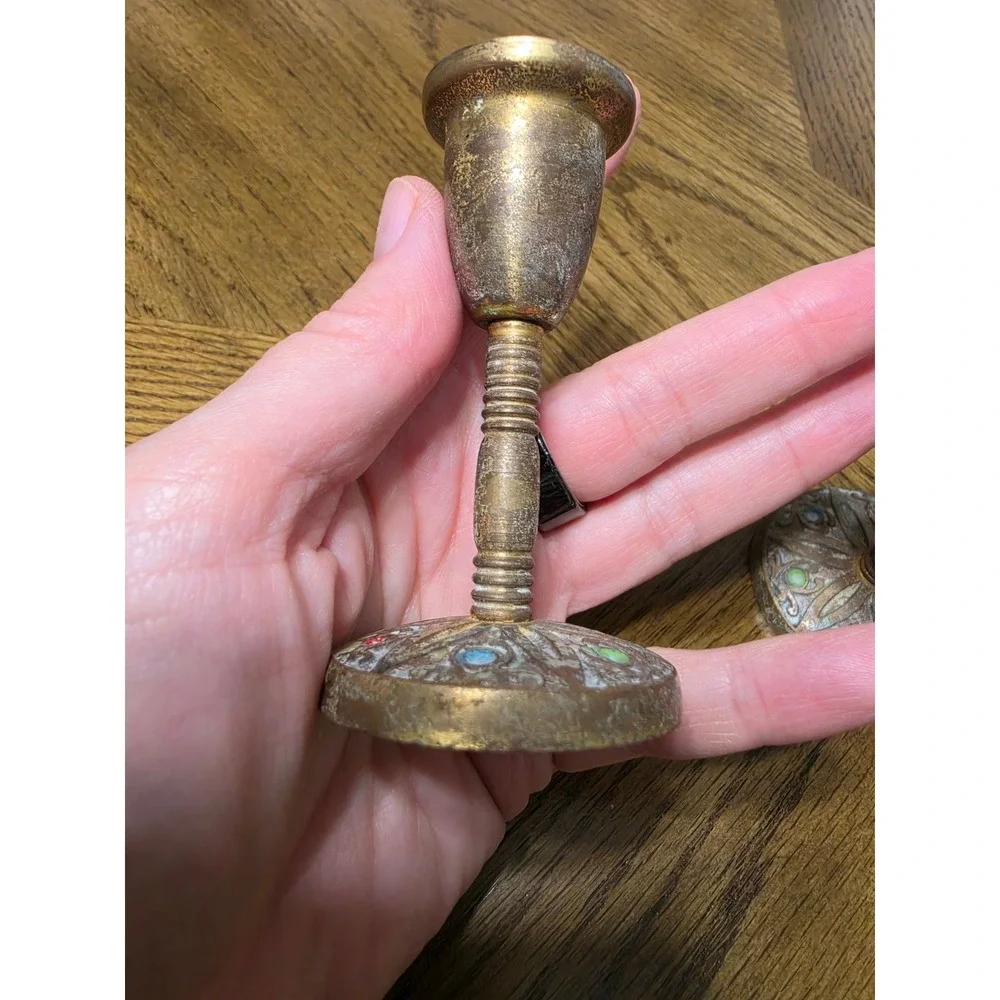 Vintage Brass Candlestick Holders Set of 2 Ornate Enamel Detail Weathered Patina
